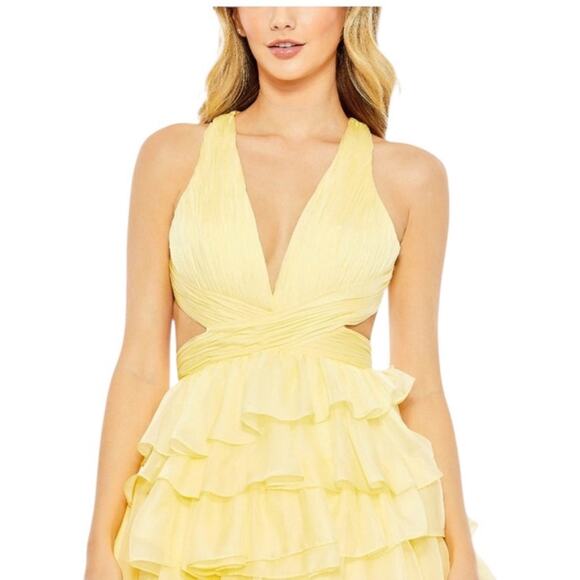 Mac Duggal NWT Size 12 Style 67988 Lemon Yellow Chiffon Layered Cut Out Ballgown - Picture 1 of 10